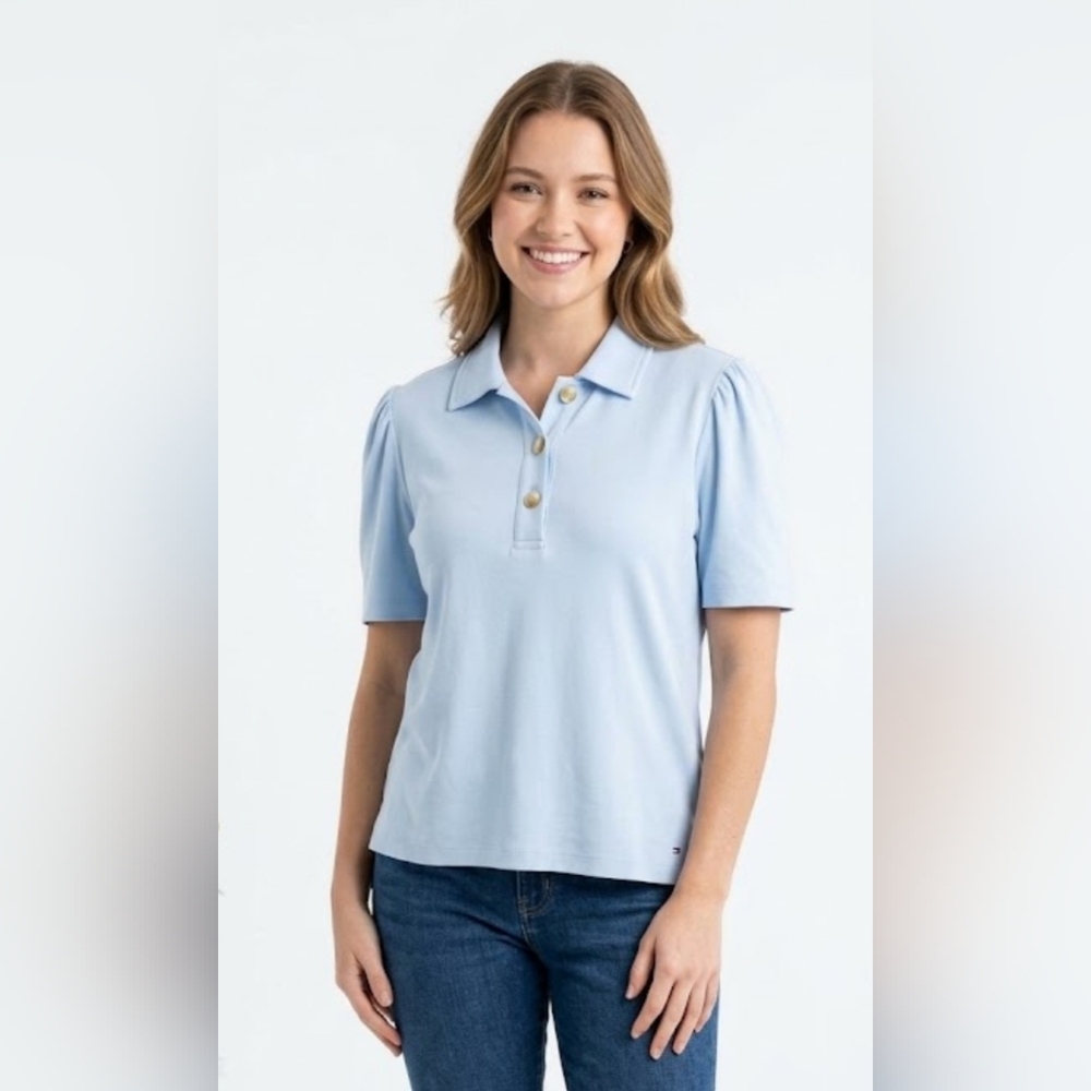 NWT Tommy Hilfiger Light Blue Puff Sleeve Polo Shirt - Size L 🩵